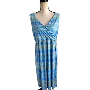 J. Jill Blue & Yellow Print Soft Knit Cross-Over Front Sleeveless Midi Dress PL